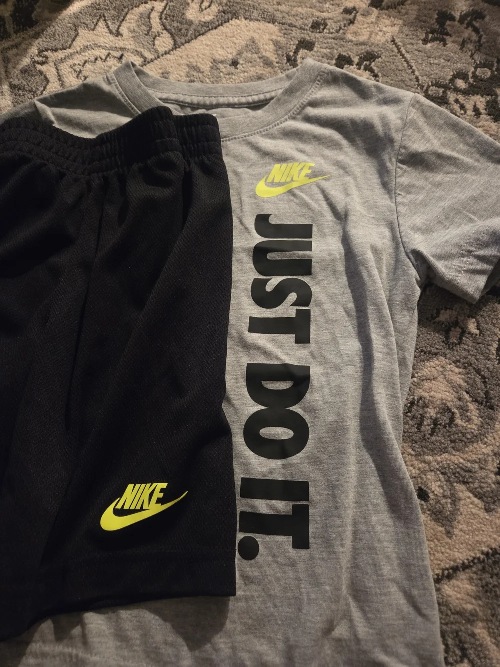 Nike Kids Grey Tee and Black Shorts Set with Neon Yellow Logo